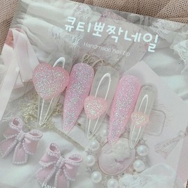 Light pink sugar handmade nail tips - Coffin Egg / 연핑크 슈거 수제네일팁 - 코핀에그