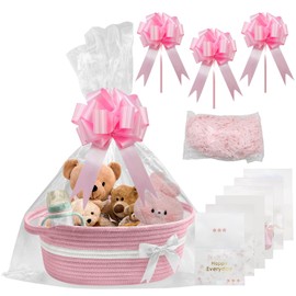 VEGCOO Gift Baskets Empty, Gift Basket Hamper, Cotton Rope Basket for Baby Shower, Wedding, Birthday, Holiday Blessings, Business Gifts (Pink)