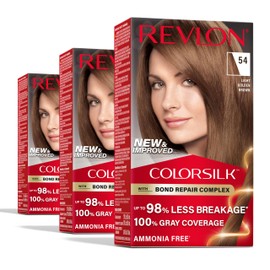 Revlon ColorSilk with Bond Repair Complex, Brown Permanent Hair Color, 100% Gray Coverage, Ammonia Free Hair Dye, Vegan Keratin, 54 Light Golden Brown (Pack of 3)