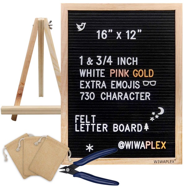 WIWAPLEX Black Felt Letter Board,Word Board Sign,16 x 12 inch Changeable Letter Board with 730 Plastic Message Board Letters Numbers Symbols Pattern,Wooden Tripod Stand, Scissors, 3 Free Storage Bags
