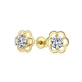 Minimalist Tiny CZ Open Flower Stud Earrings For Teen For Women Cubic Zirconia Real Gold Screw back