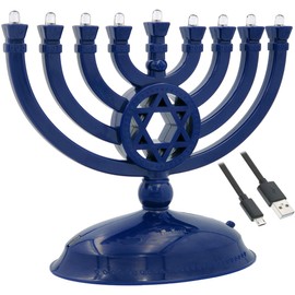 The Dreidel Company Mini Electric Menorah Traditional LED Travel Menora, Batteries or USB Powered, Micro USB 4' Cable Included (Blue)