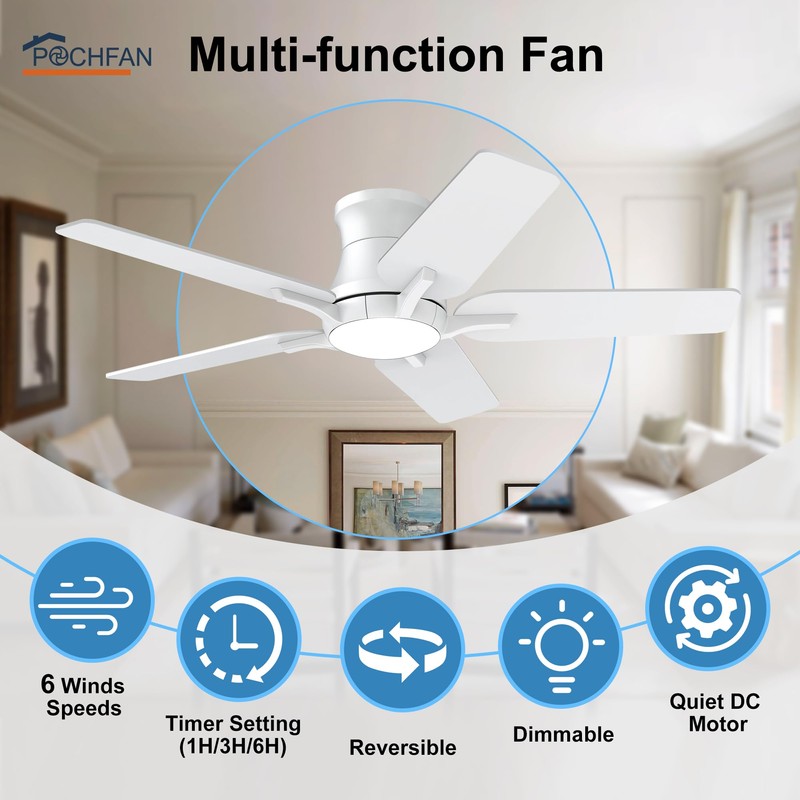 POCHFAN 42 Inch White Ceiling Fans with Lights and Remote,