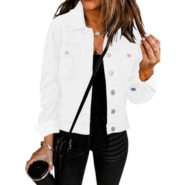 GRAPENT Women's Casual Basic Button Down Long Sleeve Stretchy Jean Trucker Denim Jacket with Pockets Color White Size Medium Size 8 Size 10