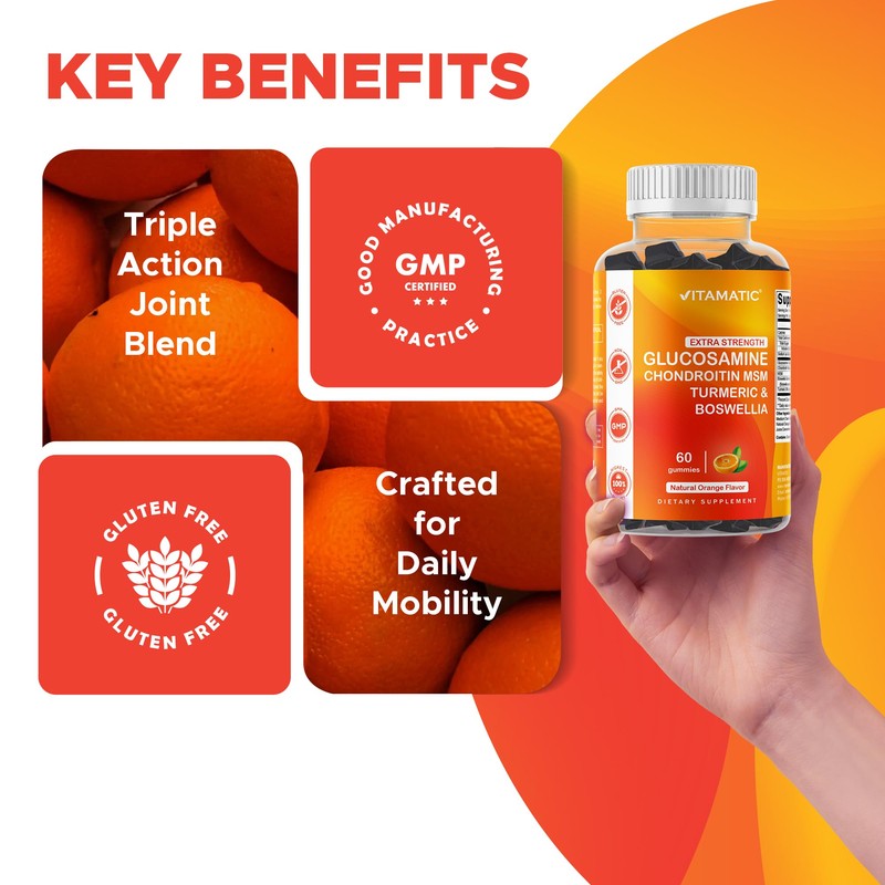 Vitamatic Extra Strength Glucosamine Chondroitin Gummies with MSM, Turmeric &