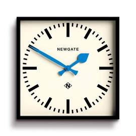 NEWGATE® Number Five Wall Clock | Square Retro Inspired Modern Station Clock | 16 inch | Black with Blue Hands | Mid Century Style for Kitchen, Living Room or Office