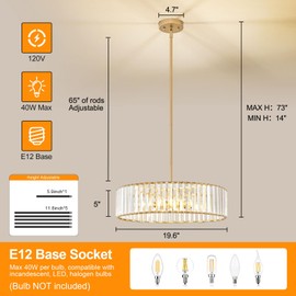 VIOLOEMI Modern Gold Semi Flush Mount Ceiling Light, Crystal Dining Room Chandelier Light Fixture, 6-Light Drum Lighting Fixtures for Foyer Kitchen Living Room Bedroom (19.6 inch)