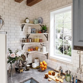 Corner Shelf Wall Mounted, Set of 4, Floating Shelves, Wall Shelf, Corner Hanging Shelves for Living Room, Kitchen and Bedroom (White Grey, 16.3 Inches)