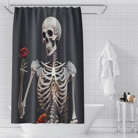DDS-DUDES - Cortina de ducha de Halloween para decoración de baño, hueso esqueleto y rosa roja de los muertos, diseño gótico de calavera oscura, impermeable, con 12 ganchos, 71 x 71 pulgadas