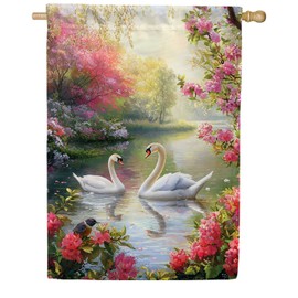 America Forever Spring Swan Garden Paradise House Flag, 28 x 40 inch Double Sided, White Swans Pink Flowers, Spring Lake Garden Pond, Romantic Swan Flag