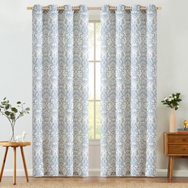 jinchan Curtains for Bedroom, Light Filtering Curtains 72 Inch Length 2 Panels Set, Baroque Style Linen Drapes for Living Room, Vintage Damask Patterned Window Treatments, Grommet Blue on Flax