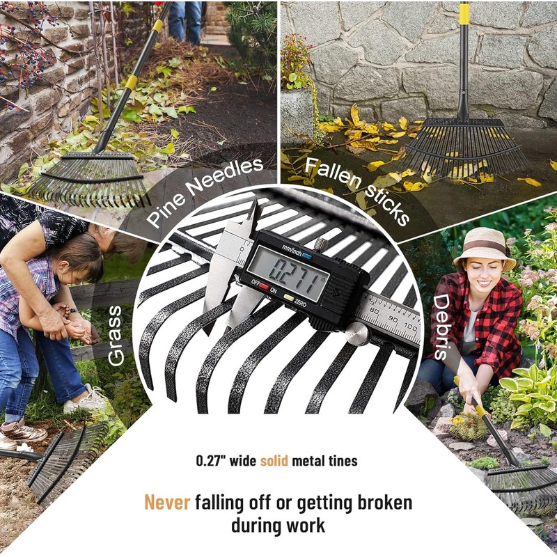 Garden Rake for Leaves, Leaf Rakes Heavy Duty for Yard,Lawn,Shrub,Grass,Mulch,