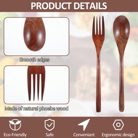 cobee Wooden Spoon and Fork for Eating,8Pcs Wood Dinner Utensil Set Handmade Reusable Kitchen Wooden Flatware Tableware Cutlery Set for Stirring Cooking Camping Party 9 Inch