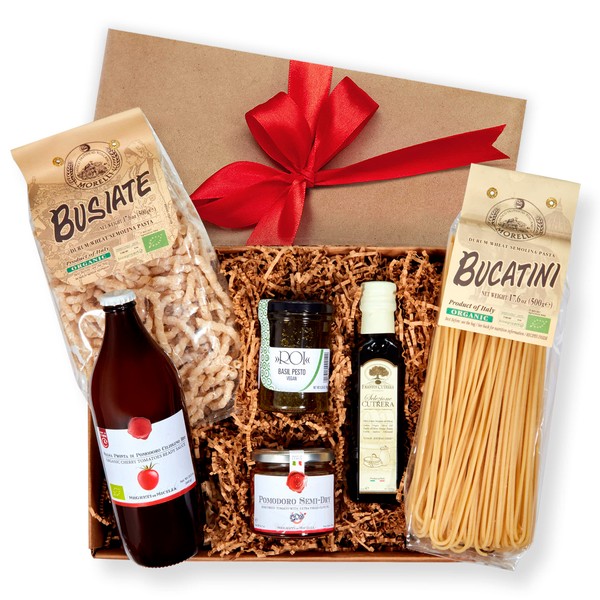 Bellina 6 Piece Deluxe Vegan Italian Gift Basket With 2 Organic Pasta, Pesto, Tomato Sauce, Extra Virgin Olive Oil, & Dried Cherry Tomatoes - Gourmet Pasta Gift Basket for Women & Men, Gift from Italy