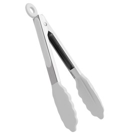 9 Inch Kitchen Tongs, Cooking Tongs with Silicone Tips and Stainless Steel Handle, Non Stick Heat Resistant Tongs for Cooking, Buffet, Salad Serving (9", White)