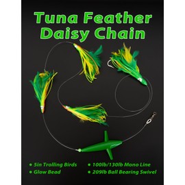 BLUEWING Tuna Feather Daisy Chain Fishing Teaser Lure with 4in Feathered Trolling Squids and Stainless Steel Hook Big Game for Tuna Mahi Wahoo Marlin, Yellow/Green