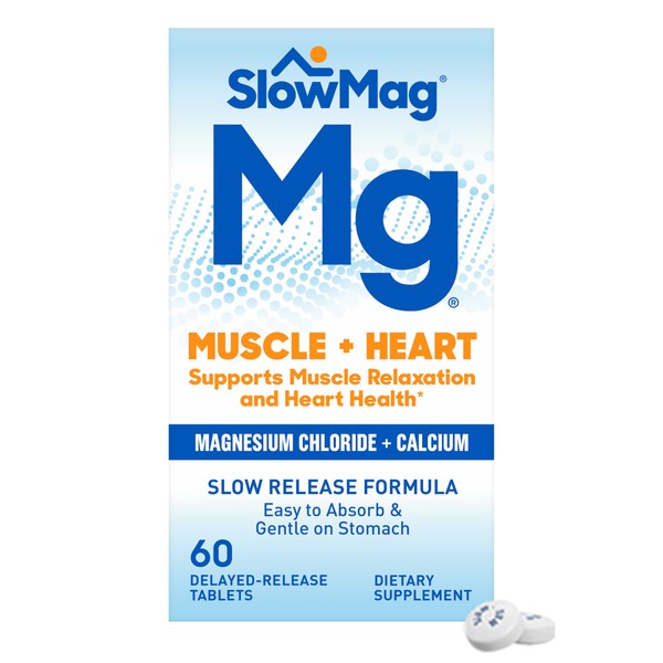 SlowMag Muscle + Heart Magnesium Chloride with Calcium Supplement to Support Muscle Relaxation, Occasional Muscle Cramping & Heart Health, High Absorption, 60 Count