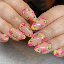 Press on Nails Short Round MABKJLF Fall Fake Nails Colorful Flower Full Cover False Nails with Designs Glossy Glue on Nails Acrylic Press on Nails Artificial Nails for Women Girls 24 Pcs