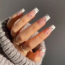 IMSOHOT Coffin Long Press on Nails French White Fake Nails with Nail Glue Ballerina Pearl False Nails with Designs Glossy Full Cover Acrylic Nails for Women and Girls