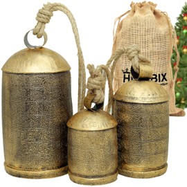 HIGHBIX Shabby Chic Floral Etching 3 Bell Set X-Large Handmade Metal Bells for Farmhouse Decor, Garden Accents, and Christmas Holiday Decorations