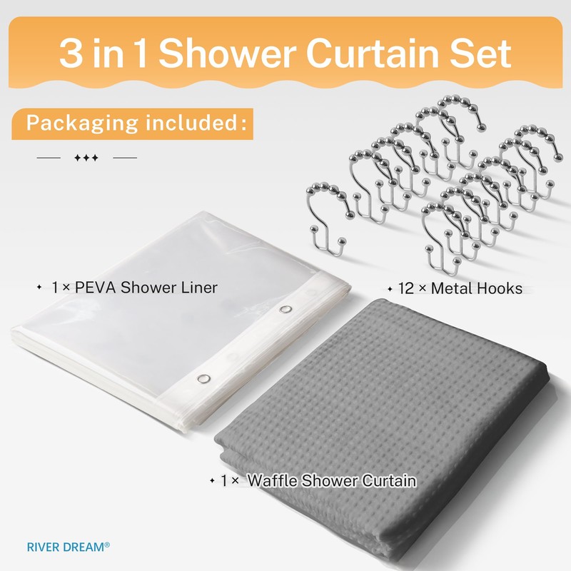 River Dream Grey Shower Curtain with Liner Set, Waffle Fabric