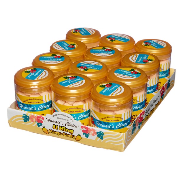 Hawaii's Choice Li Hing - Tabletas de fusión de caramelo de mango – Paquete de 12 botes de 40 g, dulces exóticos y salados para regar bocas tropicales