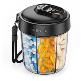 AUVON Large Pill Dispenser Can Store 7 Various Supplements, Travel Pill Organizer Bottle with Anti-Mix Design, Arthritis-friendly Pill Holder with Wide Opening & Slider Lid, Includes 20 Blank Stickers