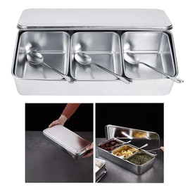 Stainless Steel Seasoning Containers Set, Condiment Jars 3 Grids Spice Salt Sugar Storage Organizers Box Kitchen Utensils Seasoning Box With Spoons Cover