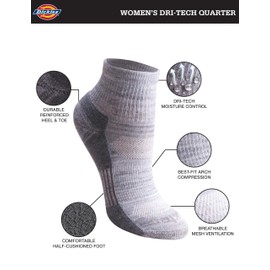 Dickies Women's Dri-Tech Moisture Wicking Quarter Socks, Available in M-L (6, 12 Pairs), White Fashion Assorted (6 Pairs), Medium
