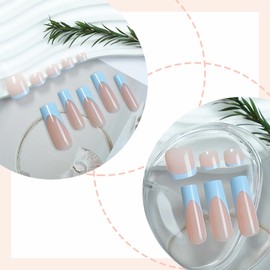 BABALAL Square Press on Nails Long & Press on Toenails Set - Blue French Tip Fake Toe Nails Press Art Tips Glue on Nails Supplies, Summer False Toe Nails with Design Natural Nails 48Pcs DIY Nail Kit
