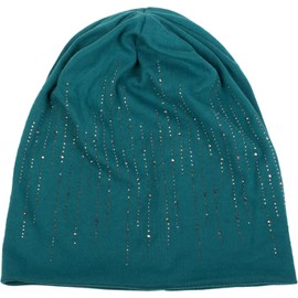 styleBREAKER 04024086 Women's Beanie Hat with Rhinestone Studs in Elegant Striped Design, Slouch Long Beanie, Fabric Hat, Plain, petrol