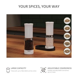 Electric Salt and Pepper Grinder Set with LED Power Display,Larger Capacity Salt and Pepper Shakers Set Rechargeable Electric with Flexible Coarsenes,LED Light,One Hand Operation for Kitchen(White)