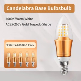 E12 LED Candelabra Base Bulbs 9W Decorative Candle Base 60 Watt Equivalent E12 Candle Lamp for Ceiling Fan Dining Room Home Decor 4000K Warm White AC85-265V Gold Torpedo Shape (9 Watts-4000K-5 Pack)