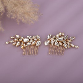 Teyglen 2pcs Rhinestone Bride Wedding Hair Comb Gold Silver Crystal Hair Piece Bridal Rhinestone Hair Side Comb Full Rhinestone Headpiece Hair Jewelry Accessories for Women Bride Girls (Gold)
