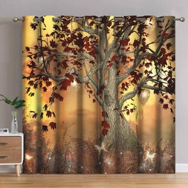 Jekeno Fall Tree Blackout Curtains Autumn Tree Room Decor Moonlight Butterfly Lantern Glittering Firefly Print Grommet Window Drape for Bedroom Living Room 2 Panel Set, 42"x63"