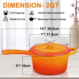 Enameled Cast Iron Sauce Pan with Lid, Leonyo 2 Quart Saucepan with Lid, Small Enamel Cast Iron Dutch Oven Kitchen Cookware for All Cooktops Making Pasta Sauce, Soup, Milk - Up to 500°F & Orange