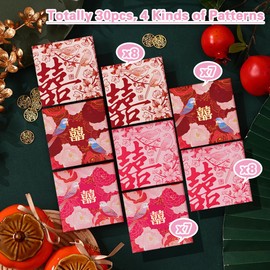 30 Pack Chinese Red Envelopes for Wedding, Traditional Floral Design with Double Happiness and and Magpie, Pink Money Packets Hongbao, Square Small Size