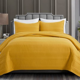 Safonory Mustard Yellow Quilt Full/Queen Size - Summer Soft Lightweight Microfiber Striped Stitched Quilted Bedspread - 3 Pieces Coverlet Bedding Set for Queen Bed(1 Quilt, 2 Shams)