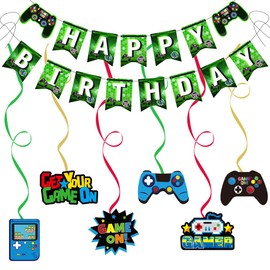 Kiyanest Green Gaming Happy Birthday Banner & Hanging Swirls Set