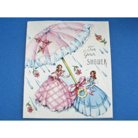 VTG 1950'S MINI "FOR YOUR SHOWER" WEDDING CARD UNUSED PRETTY GIRL DRESSES W/ENV