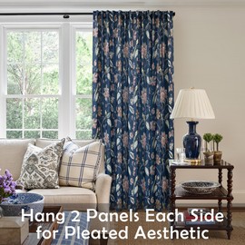 Pleated Coastal Curtains for Bedroom,70% Blackout Black Out Elegant Navy Blue Floral Printed Pattern Chinoiserie Luxury Curtains for Living Room 96 Inches Long 2 Panel Set