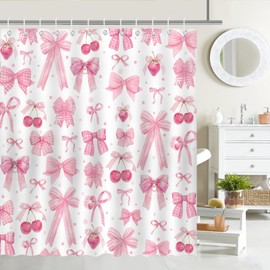 Mocsicka Pink Bow Shower Curtain Pink Bow Cherry Strawberry Bathroom Shower Curtain Cute Pink Bow Aesthetic Waterproof Fabric Shower Curtain Bathtub Decor with 12 Hooks 72 X 72 Inch