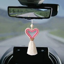 Car Mirror Hanging Accessories Women Cute Car Decorations Accessories Interior Aesthetic Pendant, Hand Knitting Pink Heart Shape Swinging Car Rear View Mirror Hanging Ornament