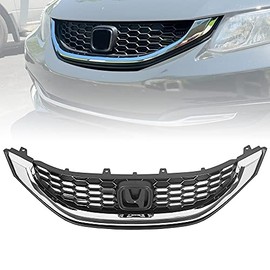 ECOTRIC Front Grille Black w/Molding Compatible with 2013-2015 Honda Civic Sedan - Replace For HO1200216 HO1202109 71121TR3A01 71122TR3A01