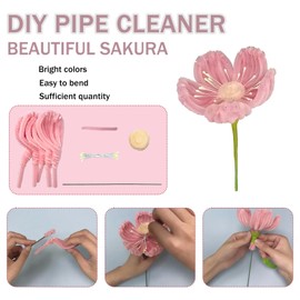 Aodes 144 Pieces Pipe Cleaners Craft Supplies for Wedding Gift, DIY Chenille Stems Cherry Blossom Bouquet Kit with Step-by-Step Video Tutorials for Holiday Decoration