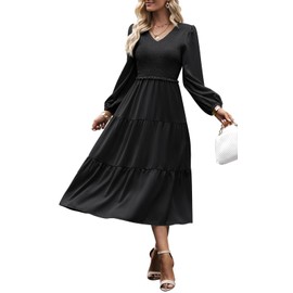Women's 2025 Casual Long Sleeve Spring Fall Dress V Neck High Waist Tiered Smocked Flowy Midi Dresses Black M
