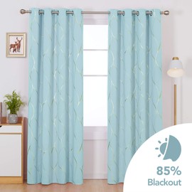 Deconovo Gold Wave Print Blackout Curtains for Bedroom, Thermal Insulated Curtains for Living Room, Room Darkening Drapes (Sky Blue/Wave, 52x84 Inch, 2 Panels)