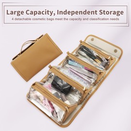 VOCOSTE Detachable Makeup Bag, 4 in 1 Detachable Cosmetic Bag, Roll Up Hanging Toiletry Bag, Travel Removable Bag Makeup Organizer for Women, Brown