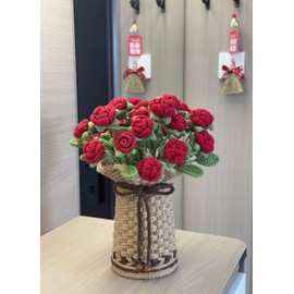 THREEBOY Crochet Red Roses Artificial Flowers Bouquet with Knitted Flower Vase Mothers Day Valentines Gifts Office Desk Decor