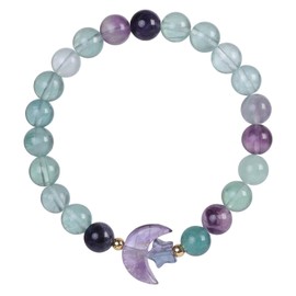 mookaitedecor Moon & Star Charm Fluorite Healing Crystal Beads Bracelet Jewellery Gift for Women Girls, 8mm Beads Quartz Crystal Semi Precious Stone Stretch Bracelet for Chakra Energy Balancing